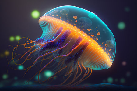 Discover the ethereal beauty of a fluorescent jellyfish in the depths of the oceanの素材
