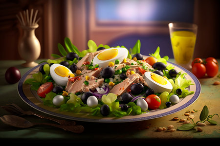 This classic French salad from Nice is bursting with fresh ingredients like tomatoes, green beans, olives, anchovies, and boiled eggs, topped with tuna and a tangy vinaigrette dressing.の素材