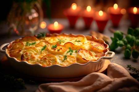 A classic French dish from the Dauphine region, Gratin Dauphinois is made with thinly sliced potatoes, cream, and garlic, baked until golden brown and crispy on top.の素材