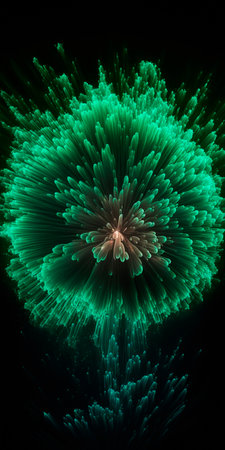 Witness the stunning display of green fireworks illuminating the dark night sky in intricate detail.の素材