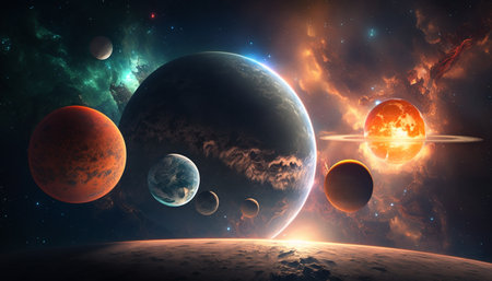 A mystical world with alien planets and a sun system in the firmament on another planet, mystical, magical, enchanting.の素材
