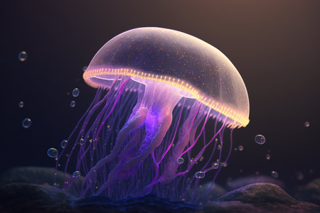 Discover the ethereal beauty of a fluorescent jellyfish in the depths of the oceanの素材