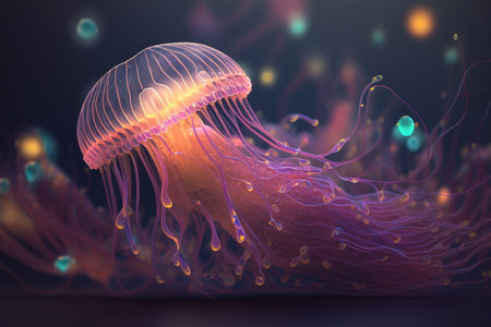 Discover the ethereal beauty of a fluorescent jellyfish in the depths of the oceanの素材