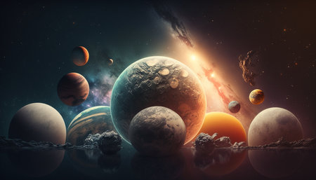 A mystical world with alien planets and a sun system in the firmament on another planet, mystical, magical, enchanting.の素材
