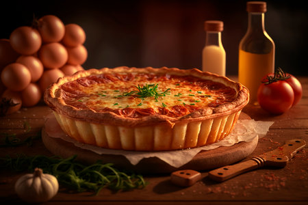 Discover the classic French dish: Quiche Lorraine, made with savory ham, eggs, and cheese filling in a crispy crust. Perfect for any mealtimeの素材