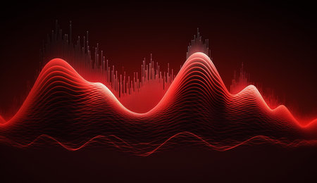 Vibrant red frequencies create a mesmerizing abstract composition on a dark background.の素材