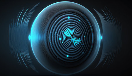 A visually captivating abstract artwork featuring blue radial frequencies on a dark background.の素材