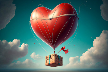 Beautiful red hot air balloon heart shape against blue sky. Romantic trip on Valentine's Day. illustrationの素材