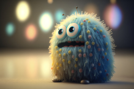 A whimsical blue fuzzy monster with cartoonish eyes and a mischievous grin.の素材