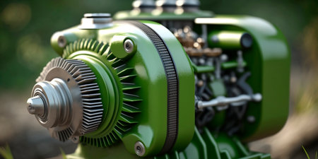 Illustration of a green motor powered by renewable energy sources, promoting a clean and sustainable future.の素材