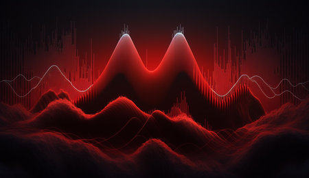 Vibrant red frequencies create a mesmerizing abstract composition on a dark background.の素材