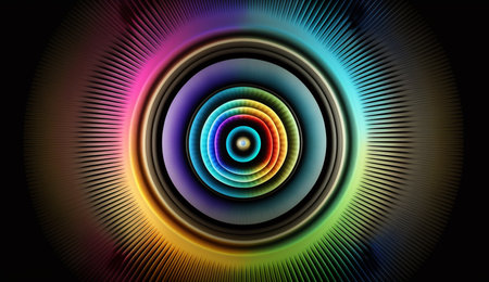 Vibrant radial frequencies emanate from the center in this abstract piece, set against a dark background.の素材