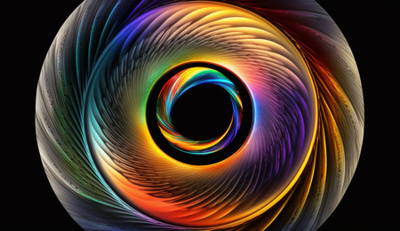 Vibrant radial frequencies emanate from the center in this abstract piece, set against a dark background.の素材