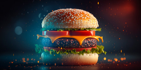 A realistic and mouth-watering illustration of a juicy hamburger with a blurred bokeh background, perfect for any fast food related design project.の素材