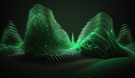 Vibrant green waves of varying frequency against a dark background in a mesmerizing abstract artwork.の素材
