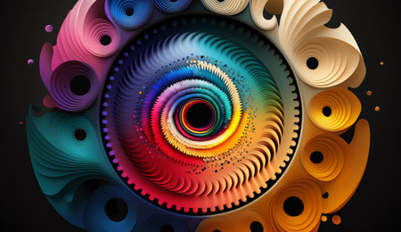 Vibrant radial frequencies emanate from the center in this abstract piece, set against a dark background.の素材