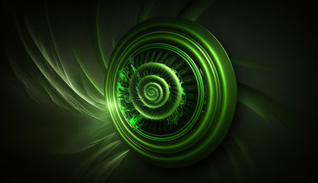 Vibrant green sound waves pulse from a speaker against a dark, abstract background.の素材