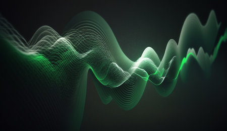Vibrant green waves of varying frequency against a dark background in a mesmerizing abstract artwork.の素材