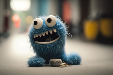 A whimsical blue fuzzy monster with cartoonish eyes and a mischievous grin.の素材