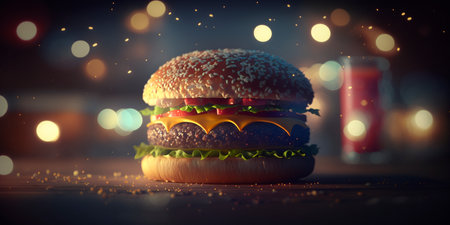 A realistic and mouth-watering illustration of a juicy hamburger with a blurred bokeh background, perfect for any fast food related design project.の素材
