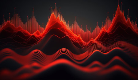 Vibrant red frequencies create a mesmerizing abstract composition on a dark background.の素材