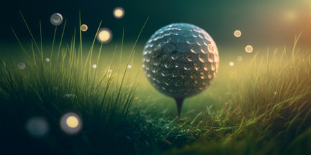 Illustration of a golf ball on a lush green field with a beautiful bokeh effectの素材