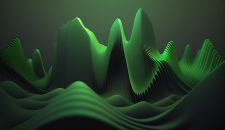 Vibrant green waves of varying frequency against a dark background in a mesmerizing abstract artwork.の素材