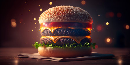A realistic and mouth-watering illustration of a juicy hamburger with a blurred bokeh background, perfect for any fast food related design project.の素材