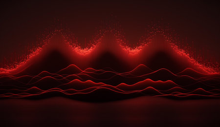 Vibrant red frequencies create a mesmerizing abstract composition on a dark background.の素材