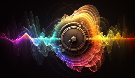 Vibrant, colorful sound waves emanating from speaker on dark background, abstract art.の素材