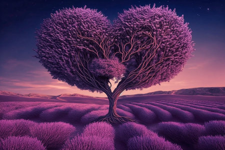 Red blossom tree in heart shape with happiness. Valentine tree for decoration romantic concept.の素材