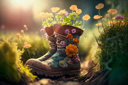 Old rubber boots planted with flowers in the garden country styleの素材