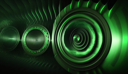 Vibrant green sound waves pulse from a speaker against a dark, abstract background.の素材