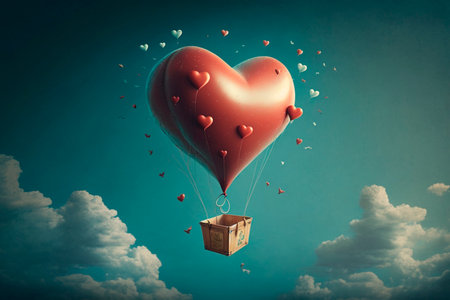 Beautiful red hot air balloon heart shape against blue sky. Romantic trip on Valentine's Day. illustrationの素材