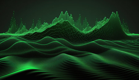 Vibrant green waves of varying frequency against a dark background in a mesmerizing abstract artwork.の素材