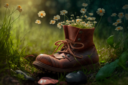 Old rubber boots planted with flowers in the garden country styleの素材