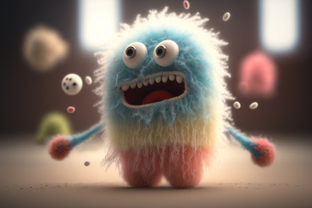 A whimsical blue fuzzy monster with cartoonish eyes and a mischievous grin.の素材