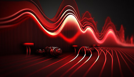 Vibrant red frequencies create a mesmerizing abstract composition on a dark background.の素材