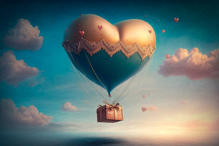 Beautiful red hot air balloon heart shape against blue sky. Romantic trip on Valentine's Day. illustrationの素材