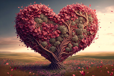 Red blossom tree in heart shape with happiness. Valentine tree for decoration romantic concept.の素材
