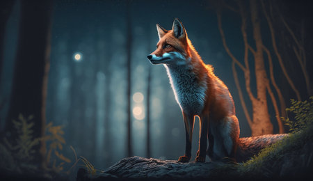 Encounter a breathtaking scene of a fox that prowls in the forest at night - a stunning sight that captures the beauty of wildlife in its natural habitat.の素材
