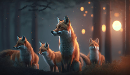 Witness the magic of the forest as a pack of foxes venture through the darkness of the night, illuminated only by the starry sky.の素材