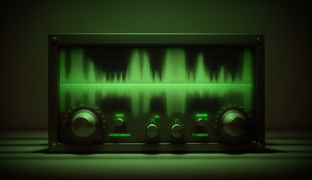 Vibrant green waves with measuring or receiving device on a dark background, abstract and futuristic.の素材