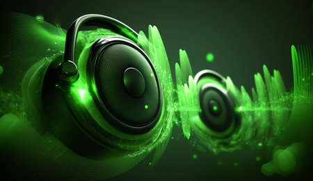 Vibrant green sound waves pulse from a speaker against a dark, abstract background.の素材