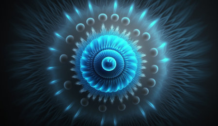 A visually captivating abstract artwork featuring blue radial frequencies on a dark background.の素材
