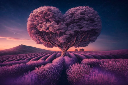 Red blossom tree in heart shape with happiness. Valentine tree for decoration romantic concept.の素材