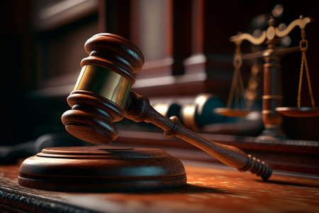 The sound of justice: A gavel in a courtroomの素材