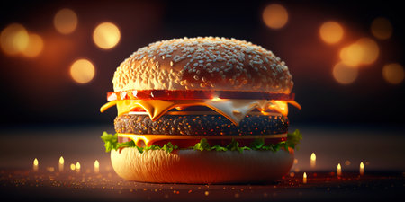 A realistic and mouth-watering illustration of a juicy hamburger with a blurred bokeh background, perfect for any fast food related design project.の素材