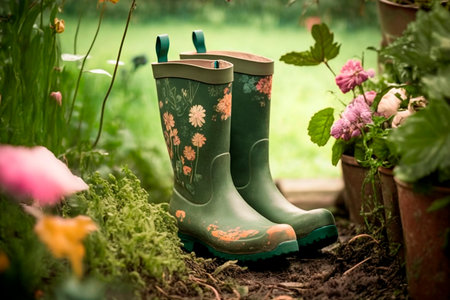 Old rubber boots planted with flowers in the garden country styleの素材