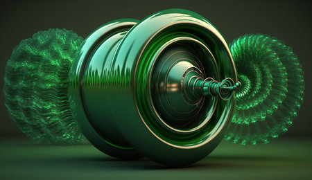 Vibrant green sound waves pulse from a speaker against a dark, abstract background.の素材